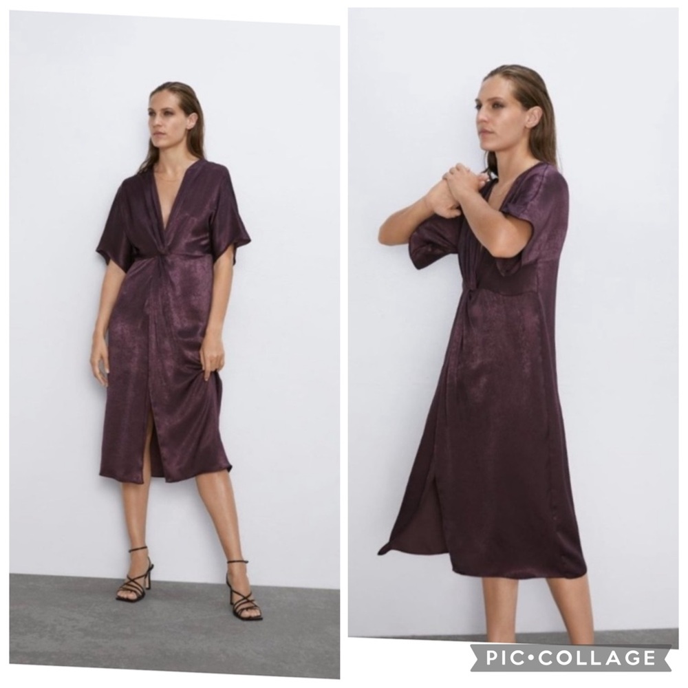 Zara Brown Satin Sheen Cocktail Midi Dress, Size Small